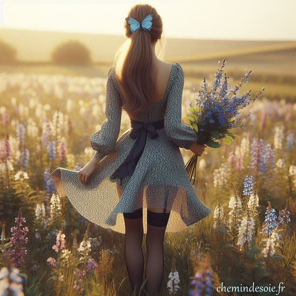 Image IA : femme portant un bouquet de fleurs dans un champ.