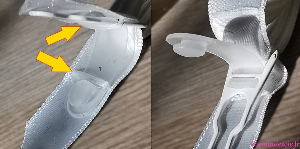 Gros plan sur une attache de jarretelle, avec et sans son ruban.