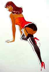 Illustration style BD d'une femme en sous-vêtements, portant une guêpière rouge et des bas noirs, avec des talons rouges.