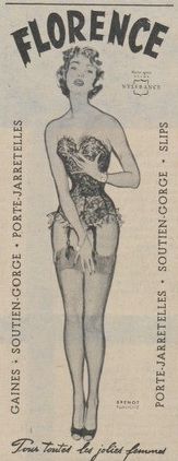 Publicité vintage pour la marque Florence, présentant des sous-vêtements féminins, avec une femme portant une guêpière et des bas, dans un style rétro.
