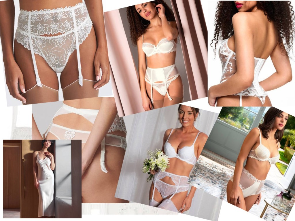 Une composition de lingerie blanche incluant des porte-jarretelles, des soutiens-gorge et des bas, illustrant des styles variés et des coupes élégantes.