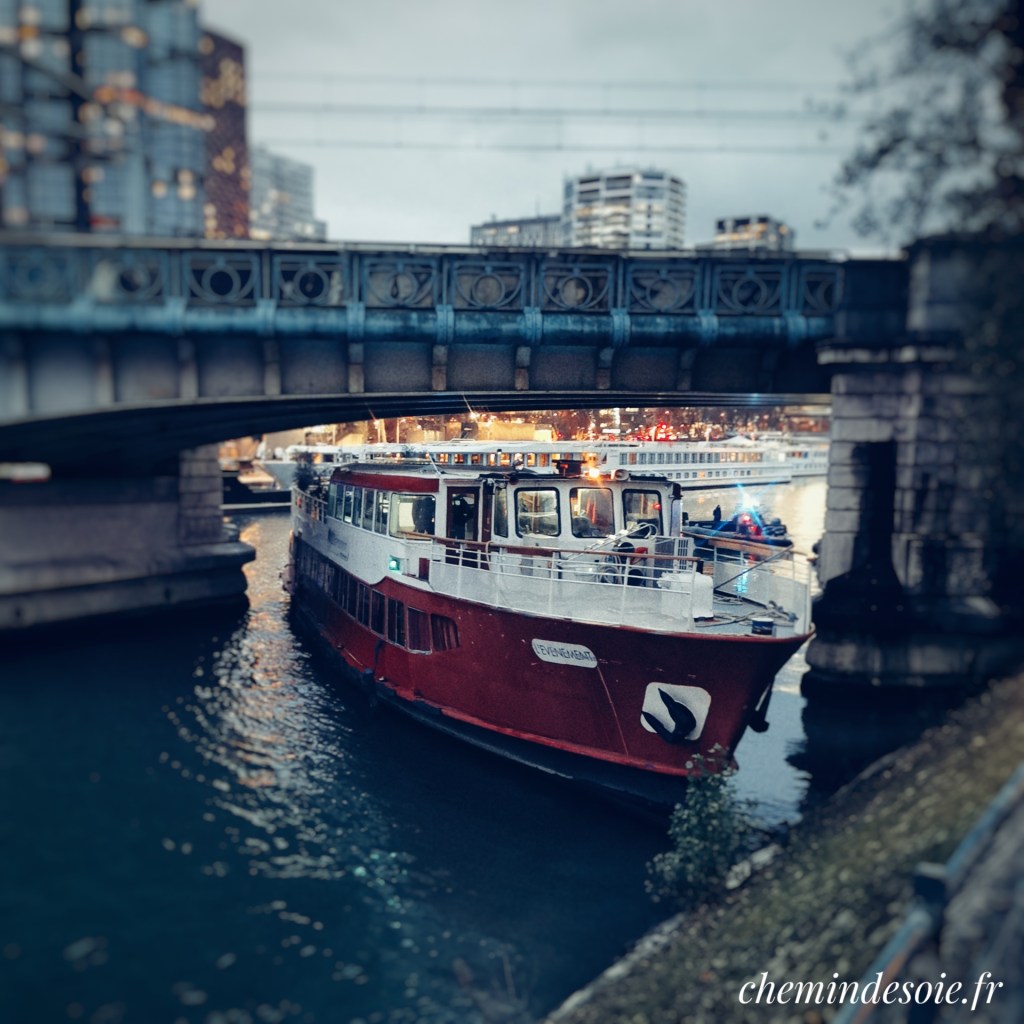 Photo personnelle : un bateau pris en travers entre la pile d'un pont de chemin de fer et la rive, dans un milieu urbain. Le bateau a une coque un acier rouge, c'est un bateau de transport de passagers, qui peut être loué pour des fêtes ou des célébrations.